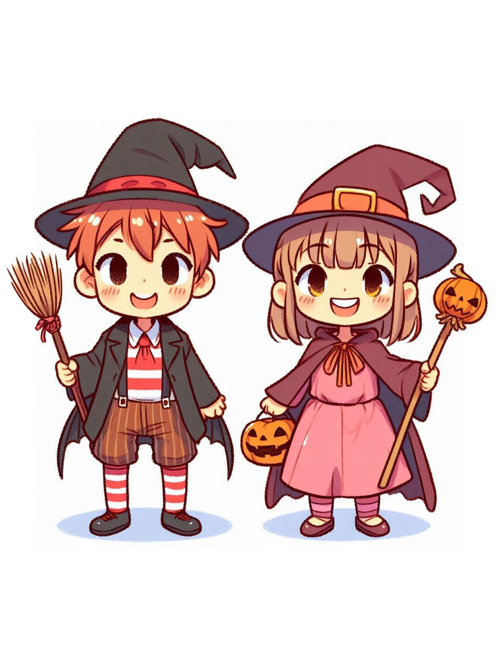 cute halloween drawings for kids 2. The image features two adorable children dressed in classic Halloween witch and wizard costumes, complete with hats, wands, and a smiling pumpkin bucket.